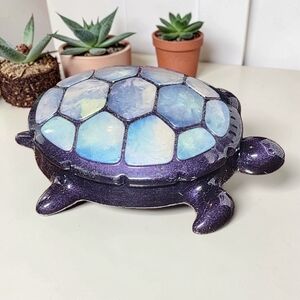 Handcrafted Turtle Trinket Box - Iridescent Blue Shell, Purple Body